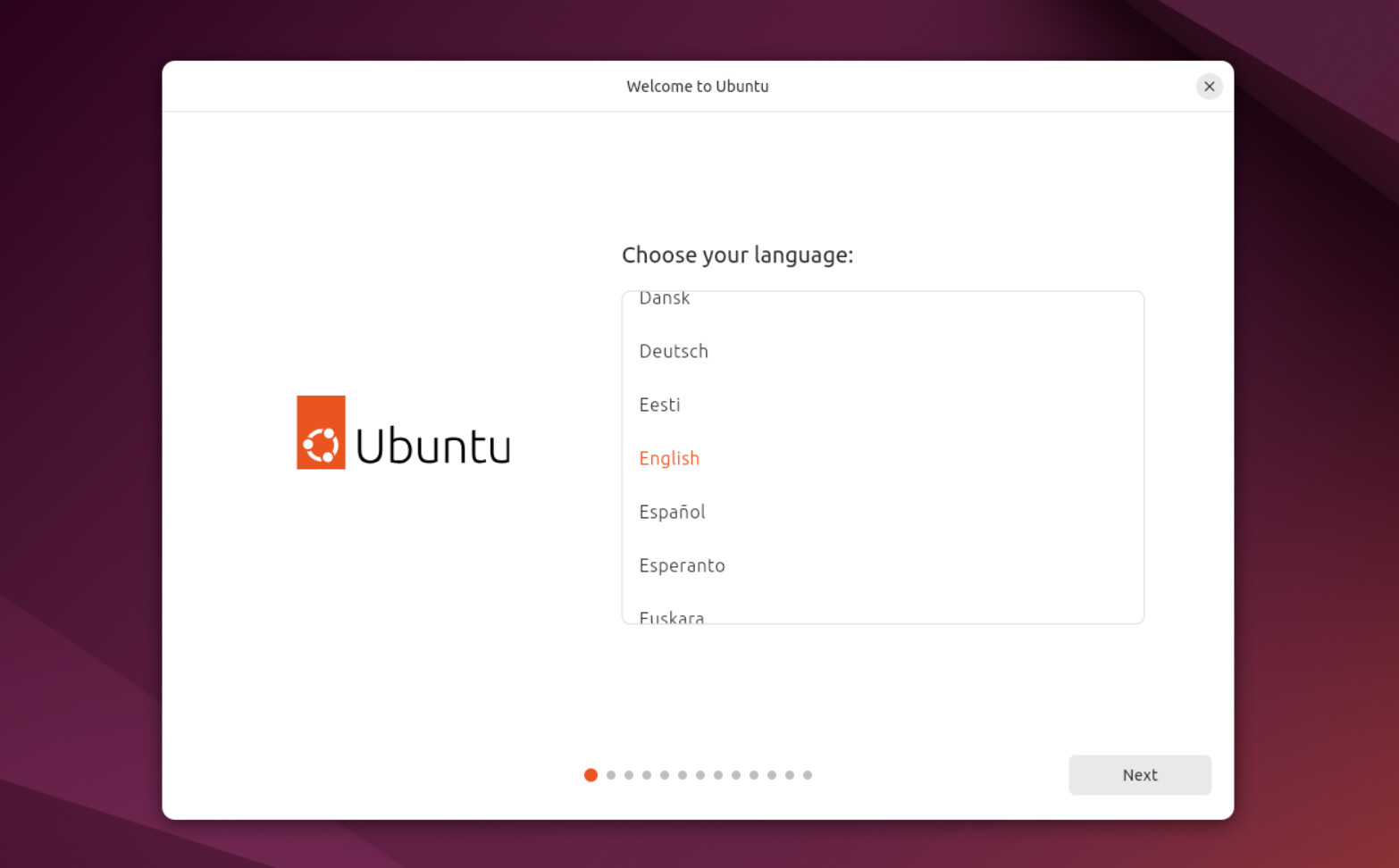 Chọn ngôn ngữ khi cài Ubuntu